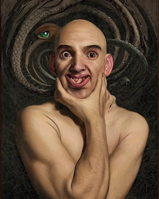 Prompt: portrait of a 4 0 - year - old bald character, male, with a white complexion, wide, cat - like scarlet eyes, nose as a snake, and a thin mouth, wearing in black clothes, hyper realistic face, beautiful eyes, fantasy art, in the style of greg rutkowski, intricate, alphonse mucha, hyper detailed, smooth