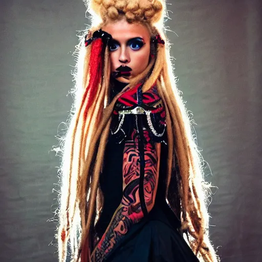 Prompt: photography flawless beautiful instagram female with blonde and red dreadlocks in a black ballgown, dark, piercing eyes, exotic expression, esoteric clothing, photorealistic, highly detailed, mysterious lighting, smooth, sharp focus, 8 0 mm camera