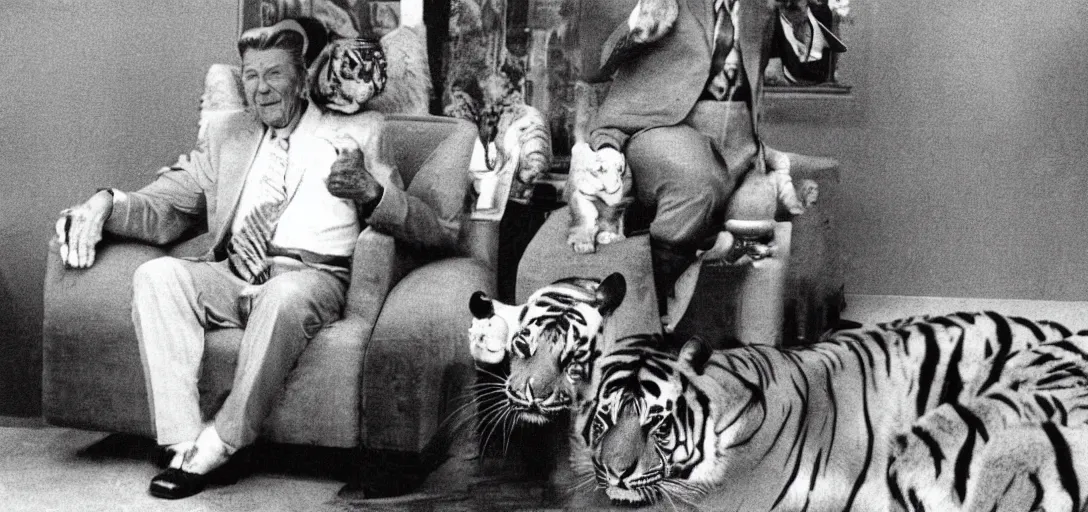 Image similar to [ ronald reagan sitting in chair with a tiger lying at his feet ]