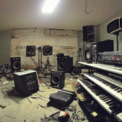 Prompt: a grimy grungy broken down abandoned recording studio full of broken equipment, synthesizers and cables,