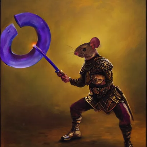 Prompt: armored mouse warrior holding a sword reaches for a floating purple crystal, Oil Painting, RPG Portrait, 8k scan