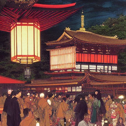 Image similar to a beautiful painting of the lantern festival in old kyoto, by james gurney, donato giancola, and john williams waterhouse