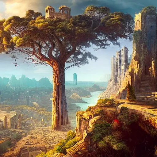 Image similar to gigantic tree on a cliff with ancient city below, above is astral world by quentin mabille