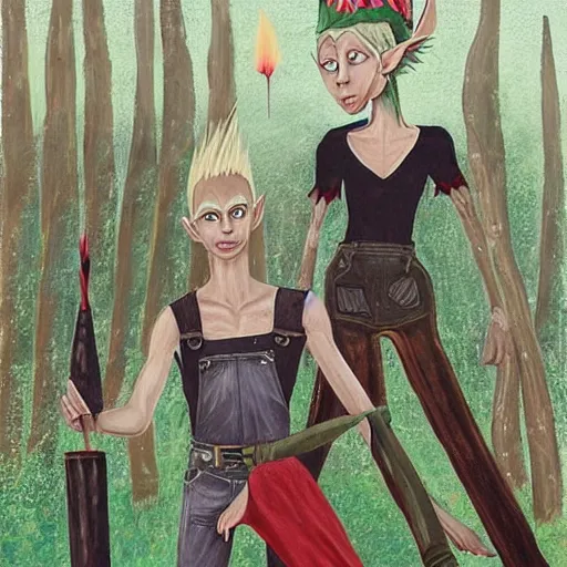 Prompt: a skinny high-fantasy elf with a long narrow face and spiky blonde hair wearing dark brown overalls and holding a firecracker standing next to a destroyed car, painting by Vanessa Beecroft