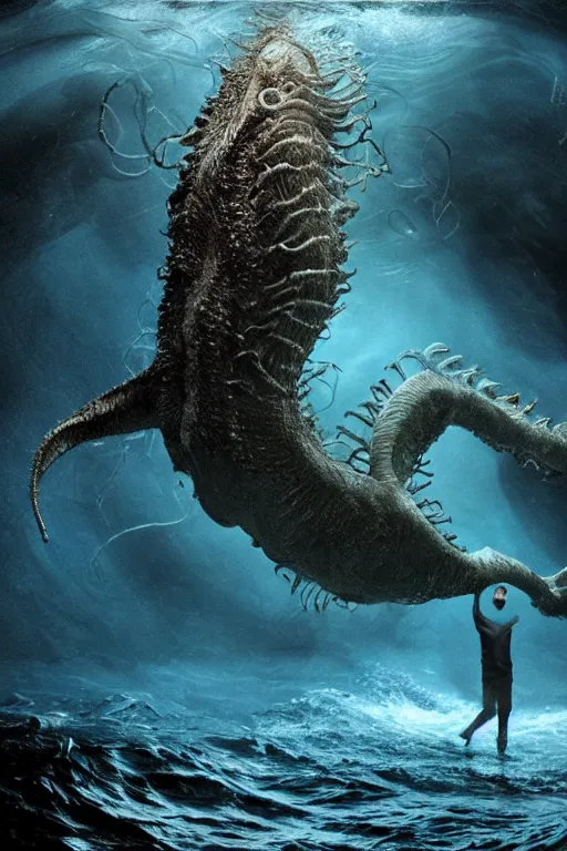 Image similar to mark zuckerberg as a fantastic lovecraftian sea creature, photorealistic, cinematic lighting, highly detailed, by guillermo del toro