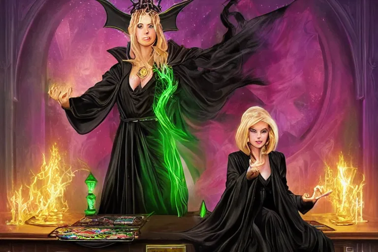 Prompt: a beautiful sorceress wearing a black robe with gold embroidery, sitting at table, casting a spell, green glows, painted by artgerm and joe jusko, in the style of magic the gathering, highly detailed digital art