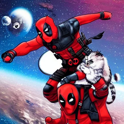 Prompt: deadpool riding on fluffy cat in space