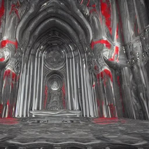 Prompt: alien cathedral made of dark grey marble with red veining and highly detailed ornaments all over the complex surface, photorealistic, perfect camera motion, cinematic, volumetric lighting, next gen rendering, nvidia