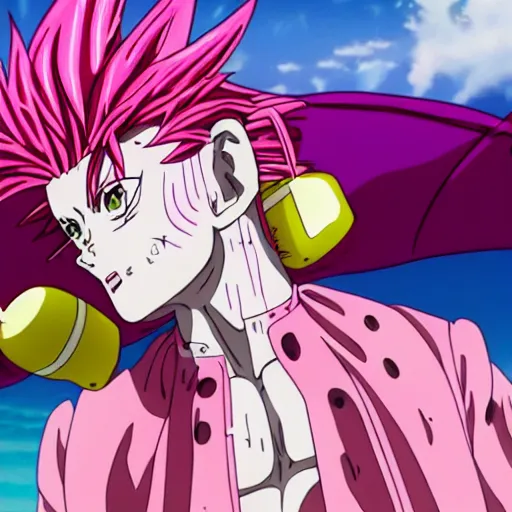 Image similar to hisoka from hunter x hunter wearing a pink tutu ballet dress with a shiny chrome banana in his hand while standing on a rainy beach with girls in colorfull bikini ‘ s in the back, anime style, 4 k, high detail,