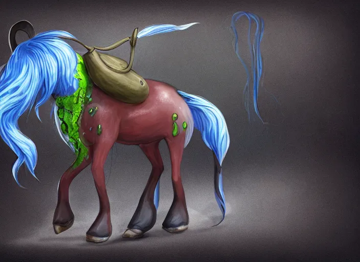 Image similar to concept art of anthropomorphic horse owith a slime parasite, carrying a saddle bag, digital art, photo realistic, highly detailed