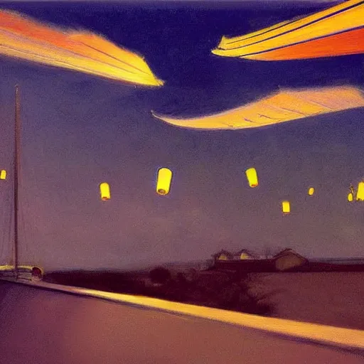 Image similar to beautiful lit lanterns flying in the night sky, edward hopper art style, 4 k