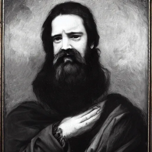 Prompt: a black and white photo of a man with a beard, an oil on canvas painting by titian, deviantart, gothic art, pre - raphaelite, chiaroscuro, antichrist