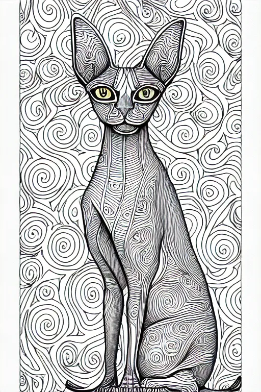 Image similar to sphynx cat statue ornaments fractal ink drawing line art colouring page, vector, margins, fine lines, centered