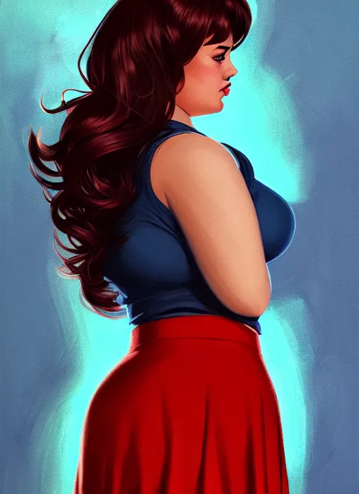 Image similar to full body portrait of teenage veronica lodge, obese, bangs, sultry, realistic, sultry smirk, wavy hair, red skirt, fat, belly, intricate, elegant, glowing lights, highly detailed, digital painting, artstation, concept art, smooth, sharp focus, illustration, art by wlop, mars ravelo and greg rutkowski