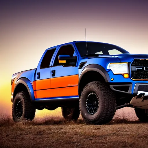 Image similar to a highly detailed photo of a ford raptor in alberta at sundown, 4 k high - resolution photograph, ultra detail, hd photo