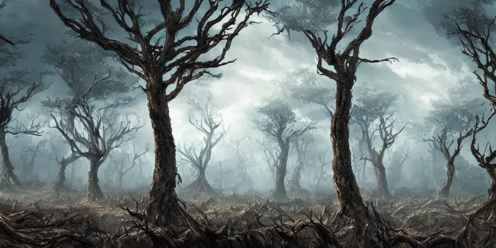 Prompt: dead forest of windswept windswept windswept trees (no soil), high quality fantasy art, 4k