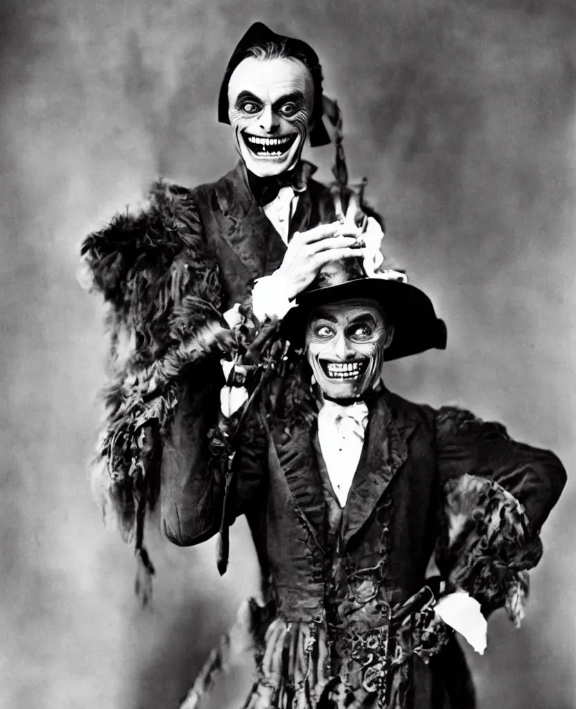 Image similar to colorized photograph of conrad veidt the man who laughs wide grin, award winning colorized photo, sharp color palette