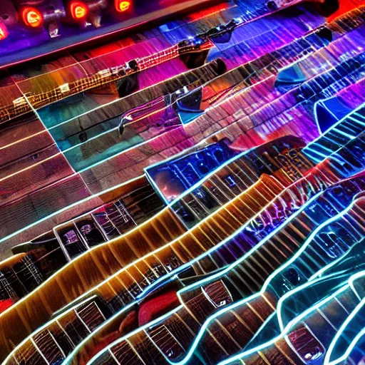 Image similar to 8k photo of a giant Wall of guitars. Detailed, neon lights, nikon