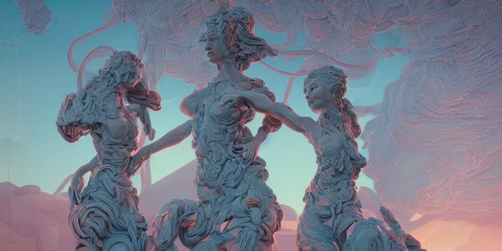 Prompt: greek sculpture of intertwined bodies and machines painted by james jean in pastel colors. artwork by Tooth Wu and wlop and beeple and dan mumford and greg rutkowski and nekroxiii. halo. octane render, cinematic, hyper realism, redshift render, 8k, depth of field, bokeh. iridescent accents. vibrant.