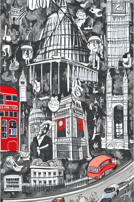 Prompt: london, illustration, in the style of katinka reinke