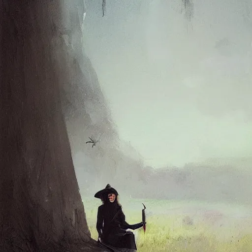 Prompt: woman wearing a black pointy witch hat, sitting on a horizontal straw broom, by greg rutkowski