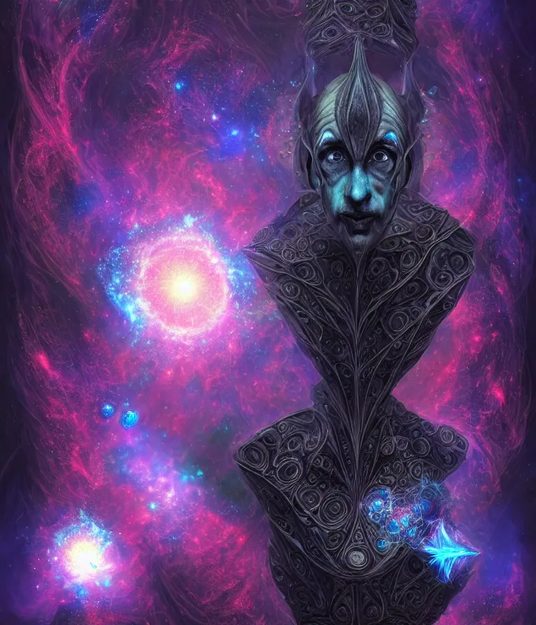 Image similar to front!!! shot of a court jester!!! character, mesmerizing fractal hypercubes, dark holography!!!, future, metallic nebula, crystalline edges, polygonal, elegant, highly detailed, centered, (((artstation, concept art, jagged, sharp focus, artgerm, Tomasz Alen Kopera, Peter Mohrbacher, donato giancola, Joseph Christian Leyendecker, WLOP, Boris Vallejo))), ((raytracing)), mugshot!!!!!, ugly!!!!!!, octane render, nvidia raytracing demo, octane render, nvidia raytracing demo, octane render, nvidia raytracing demo, 8K