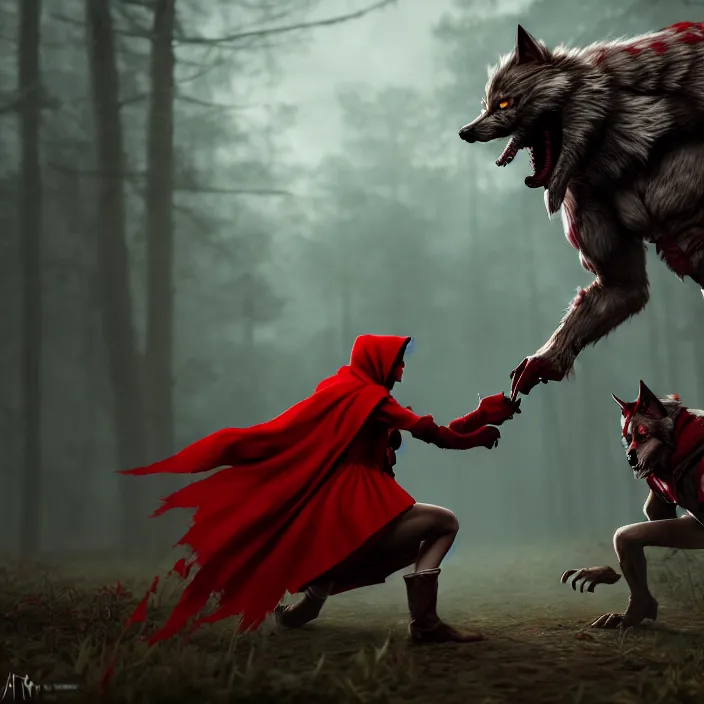 Image similar to beautiful red riding hood warrior confronting a werewolf ,highly detailed, 8k, HDR, award-winning, trending on artstation, octane render