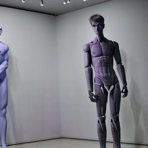 Image similar to a realistic detailed photo of a guy who is an attractive humanoid who is half robot and half humanoid, who is a male android, twitch streamer ninja tyler blevins, shiny skin, posing like a statue, blank stare, at the museum, on display