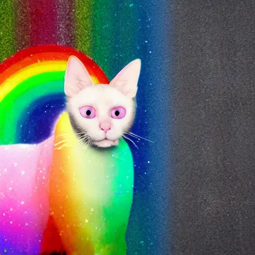 Image similar to siamese cat with a unicorn horn, rainbow background, sparkly aura around cat