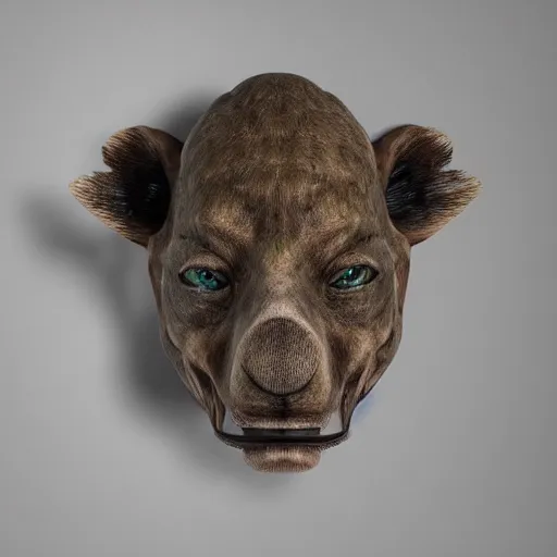 Image similar to bezoan head on the wall, stuffed animal in vr helmet, hunting trophy, taxidermy, hyper - realistic, 4 k, unreal engine, highly detailed