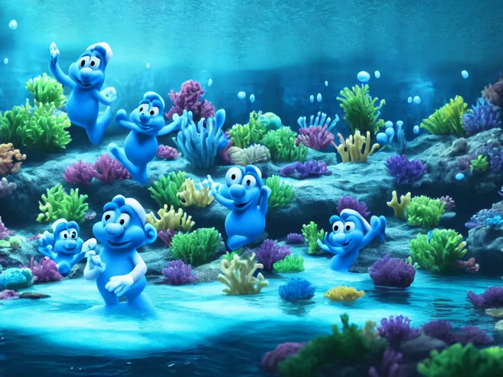 Prompt: underwater smurfs wearing white hats swimming with bioluminescent fishes, photorealistic painting, cgi, low volumetric light, movie still, very cute and cozy and fluffy and sweet