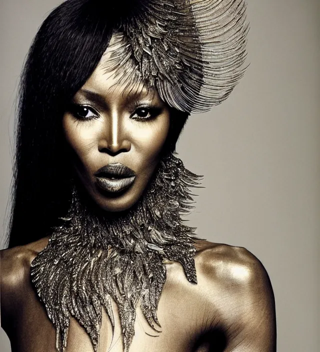 Image similar to photography portrait by paolo roversi of naomi campbell wearing a ornate transparent and metalic costume with feathers by iris van herpen, highly detailed, artstation, smooth, sharp foccus, artstation hq, skin grain detail, high detail, creativity in fashion design