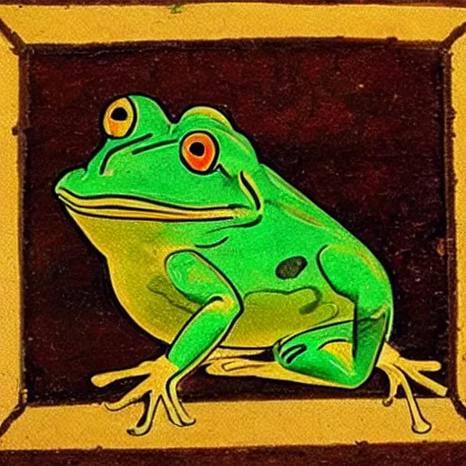 Prompt: medieval painting of a frog behind a computer