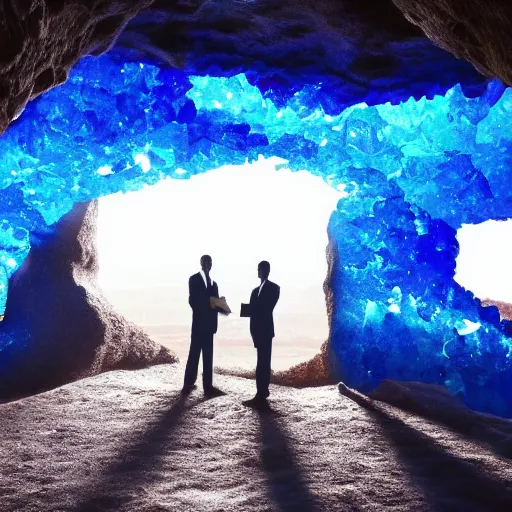 Prompt: rich businessmen inside the cave, blue crystals