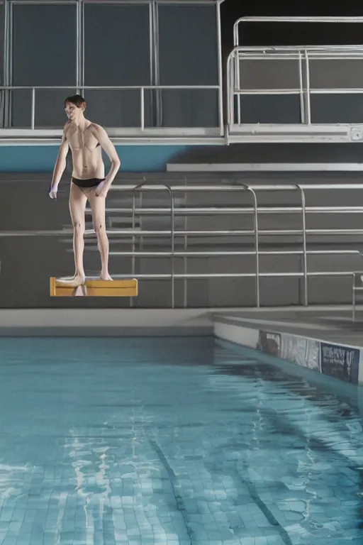 Image similar to close up still shot of jacob lofland standing on the diving board, summer olympics footage, 3 5 mm, highly detailed, color photo, dynamic lighting, subject centered in photo, octane render