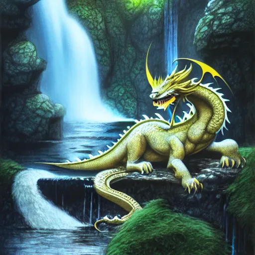 Prompt: furry art, female dragon sleeping by a waterfall, commission, color page, tankoban, 4 k, tone mapping, jaime jones, alan lee