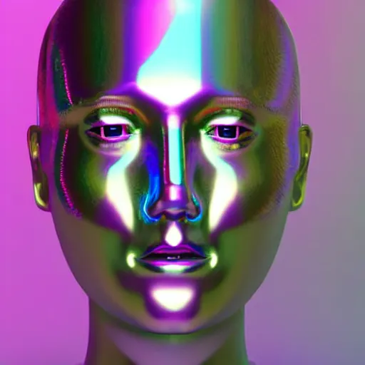 Image similar to 3d render of holographic human robotic head made of glossy iridescent, surrealistic 3d illustration of a human face non-binary, non binary model, 3d model human, cryengine, made of holographic texture, holographic material, holographic rainbow, concept of cyborg and artificial intelligence