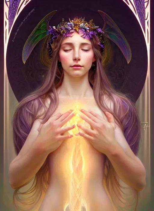 Image similar to fairy queen goddess feminine face meditation!! murky lighting, wind blowing, full body portrait, blessed by nature, physical mental perfection, symmetrical! intricate, sensual, highly detailed, biblical divine holy perfection!! digital painting, artstation, concept art, smooth, sharp focus, by artgerm and greg rutkowski and alphonse mucha