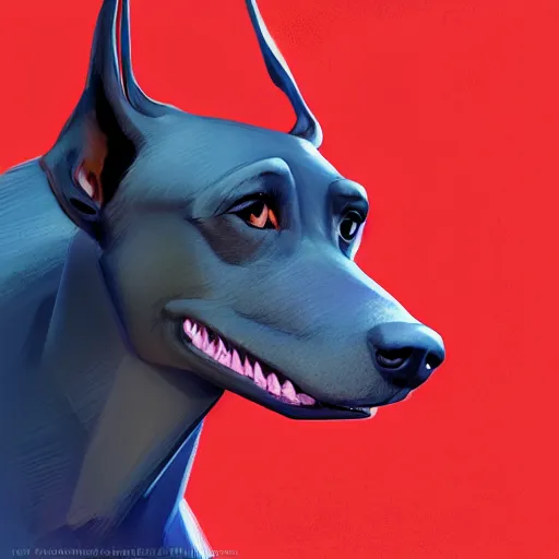 Image similar to portrait of an antropomorphic doberman creature, angry look, ready for battle, masterpiece, mattepainting concept blizzard pixar maya engine on cold night stylized background splash comics global illumination lighting artstation lois van baarle, ilya kuvshinov, rossdraws