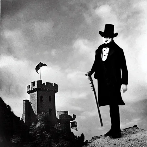 Image similar to vintage photograph of count orlok outside his castle, playing the blues on guitar, castle in the background, 4 k