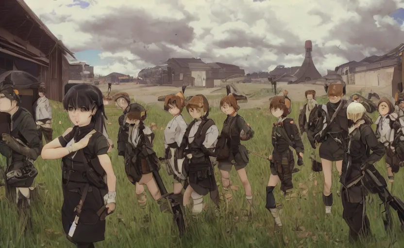 Prompt: panoramic view, girl, soldier clothing, battlefield in background, anime style, short hair, hair down, real faces, realistic anatomy, symmetrical facial features, from arknights, hyper realistic, 4 k, extreme detail, detailed drawing, trending artstation, safebooru, realistic lighting, by alphonse mucha, greg rutkowski, anime eyes, sharp focus