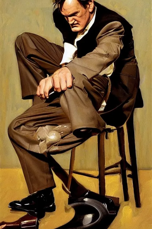 Prompt: quentin tarantino caressing feet, painting by jc leyendecker!! phil hale!, angular, brush strokes, painterly, vintage, crisp