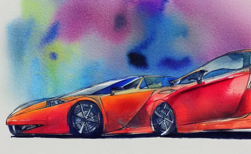 Prompt: colorful watercolor sketch of a sport car, highly detailded