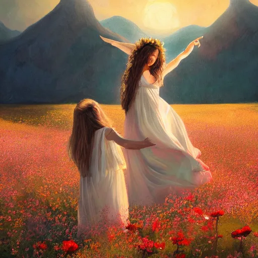 Image similar to oil painting portrait of a family one with long flowing hair in a white dress, dancing through a field of flowers at sunset with mountains in the background, hazy, chiaroscuro, artstation, cinematic, golden hour, digital art painting by diego velasquez and michelangelo hazy atmosphere, flowers, cinematic lighting