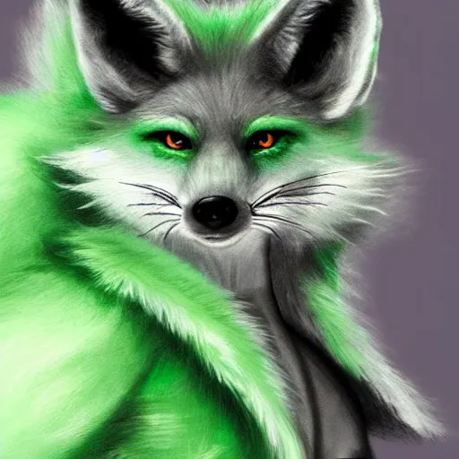 Image similar to photorealistic green fox with green fur and glowing magenta eyes, wearing a black hoodie