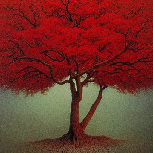 Prompt: white tree with red leaves made by zdzisław beksinski