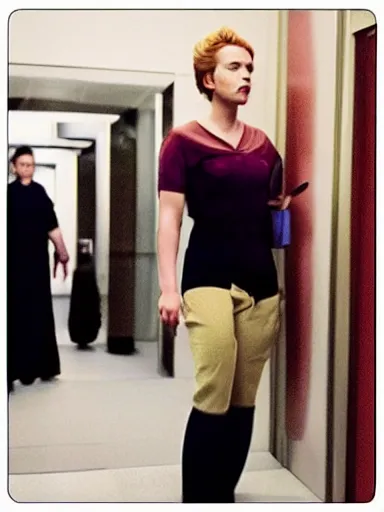 Image similar to “ scarlett johansson waiting in the bathroom line, movie screenshot, cinematic, epic, dramatic ”