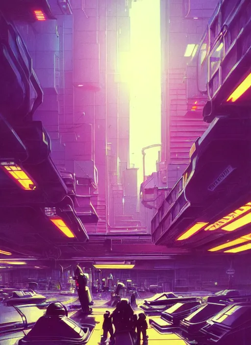 Image similar to photo of cyberpunk school, scifi, bright light, busy street, morning sun, interesting angle, 8 k high definition, insanely detailed, art by syd mead and masamune shirow