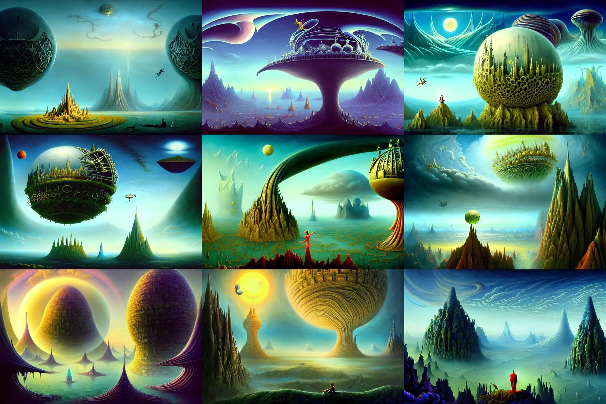Prompt: a beautiful epic stunning amazing and insanely detailed matte painting of alien dream worlds with surreal architecture designed by Heironymous Bosch, Baron von Munchausen surveys the horizon, mega structures inspired by Heironymous Bosch's Garden of Earthly Delights, vast surreal landscape and horizon by Cyril Rolando and Andrew Ferez, fantastical creatures, rich pastel color palette, masterpiece!!, grand!, imaginative!!!, whimsical!!, epic scale, intricate details, sense of awe, elite, wonder, insanely complex, masterful composition, cinematic, sharp focus