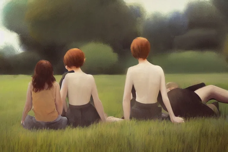 Image similar to beautiful painting, back view of friends sitting on the edge, cute, soft light, digital painting by diane arbus and ralph mcquarrie and harry bertoia octane render